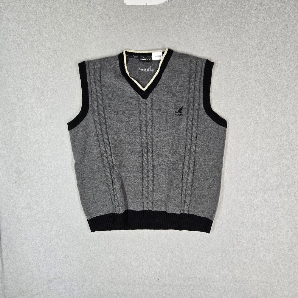 VINTAGE Kangol Men Sweater XL Gray Acrylic Wool Embroidered Vest Cable Knit